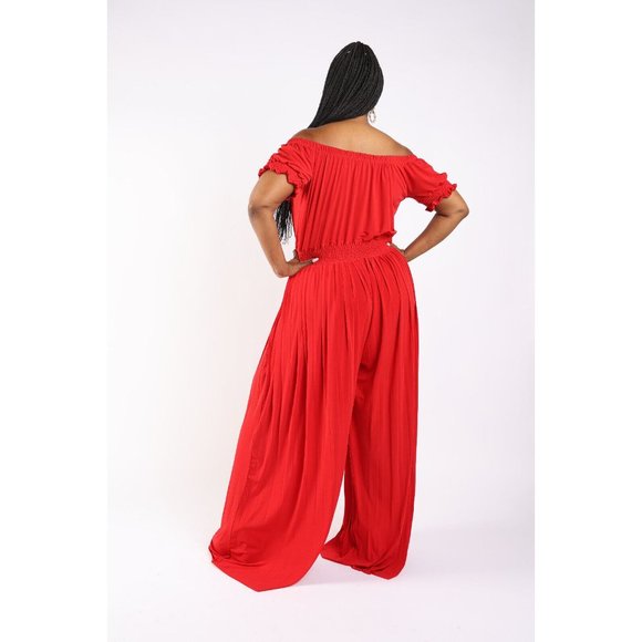 Women's Pleated off Shoulder Jumpsuit Plus Size 1X 2X 3X BLACK RED - Picture 8 of 12